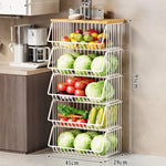 Kitchen Storage Cart Multi-Tier Ventilated Baskets Wood-Look Top