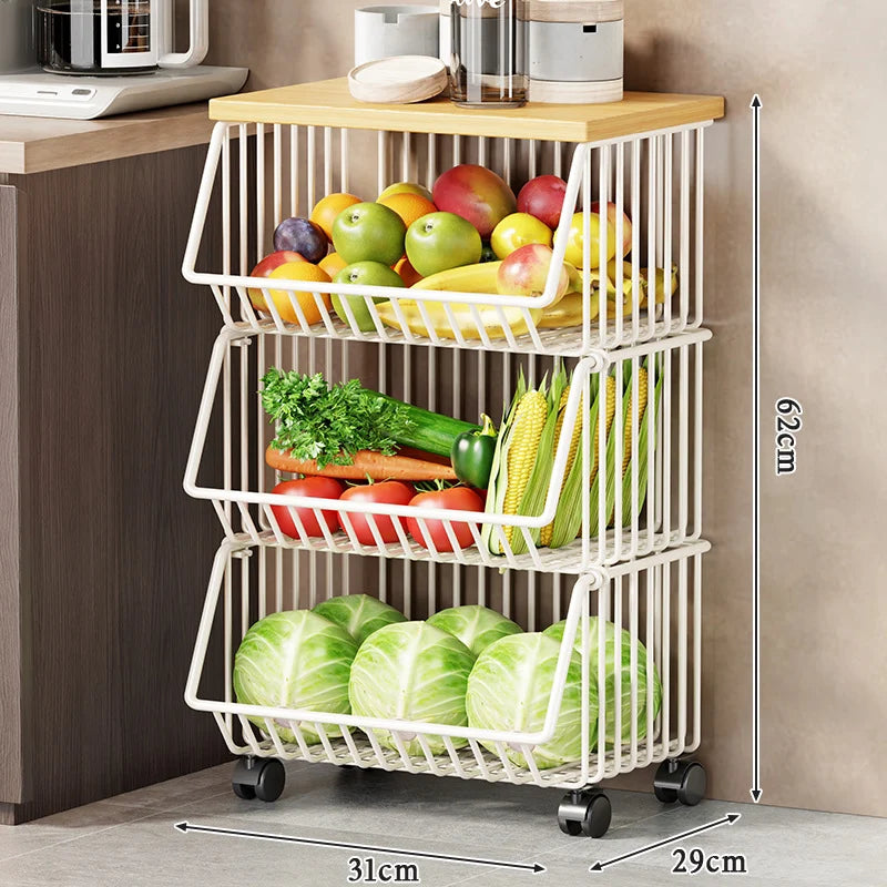 Kitchen Storage Cart Multi-Tier Ventilated Baskets Wood-Look Top