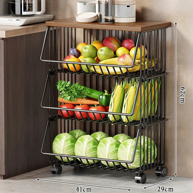 Kitchen Storage Cart Multi-Tier Ventilated Baskets Wood-Look Top