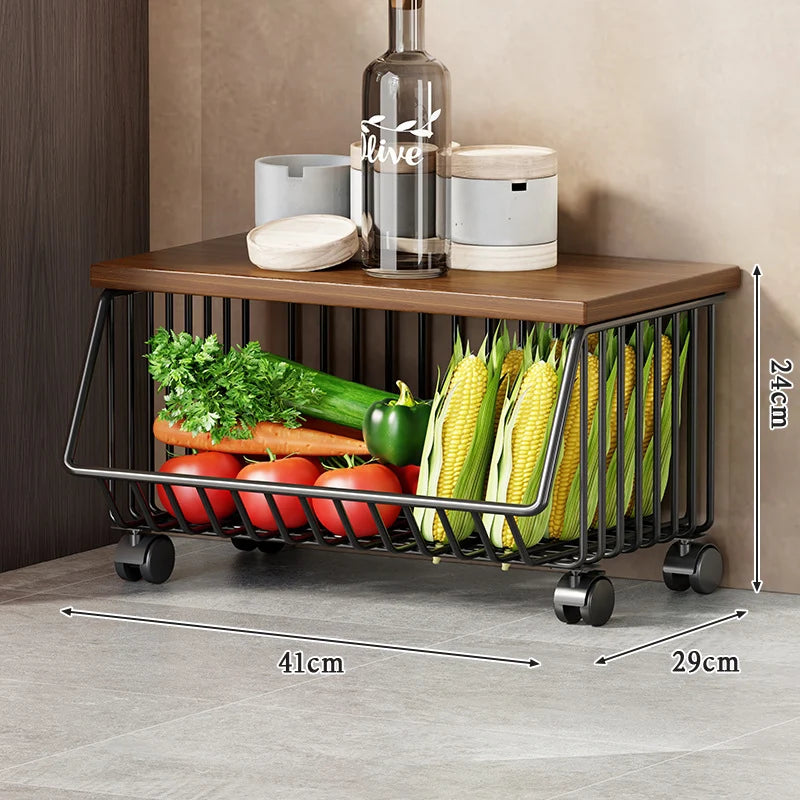 Kitchen Storage Cart Multi-Tier Ventilated Baskets Wood-Look Top