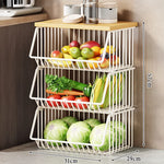 Kitchen Storage Cart Multi-Tier Ventilated Baskets Wood-Look Top