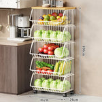 Kitchen Storage Cart Multi-Tier Ventilated Baskets Wood-Look Top