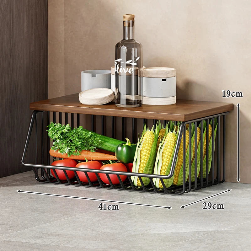 Kitchen Storage Cart Multi-Tier Ventilated Baskets Wood-Look Top