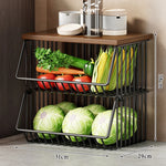 Kitchen Storage Cart Multi-Tier Ventilated Baskets Wood-Look Top