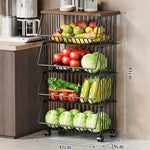 Kitchen Storage Cart Multi-Tier Ventilated Baskets Wood-Look Top