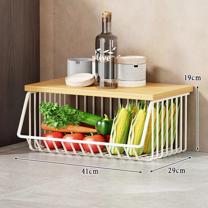 Kitchen Storage Cart Multi-Tier Ventilated Baskets Wood-Look Top