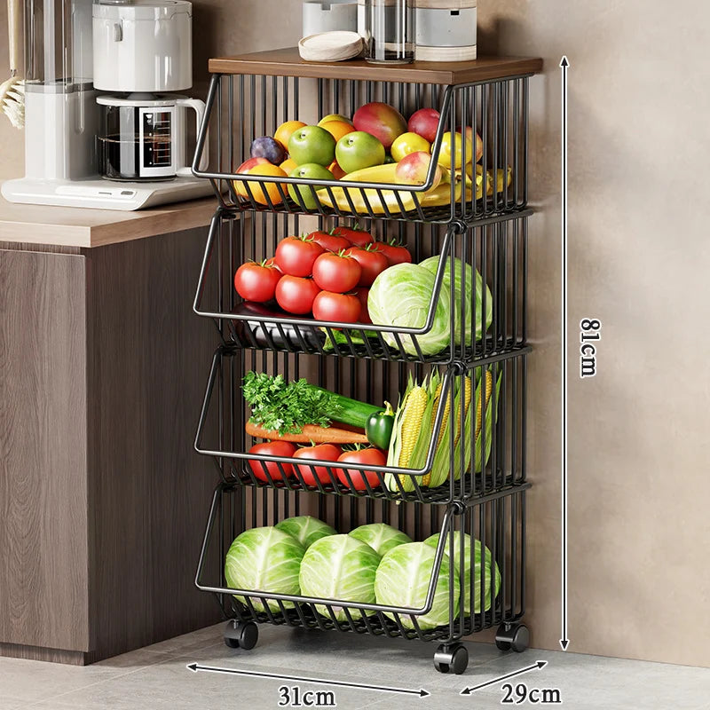 Kitchen Storage Cart Multi-Tier Ventilated Baskets Wood-Look Top