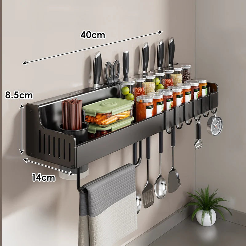 Kitchen Storage Rail Wall-Mounted Stainless Steel Knife Slots Spice Shelf & Hooks