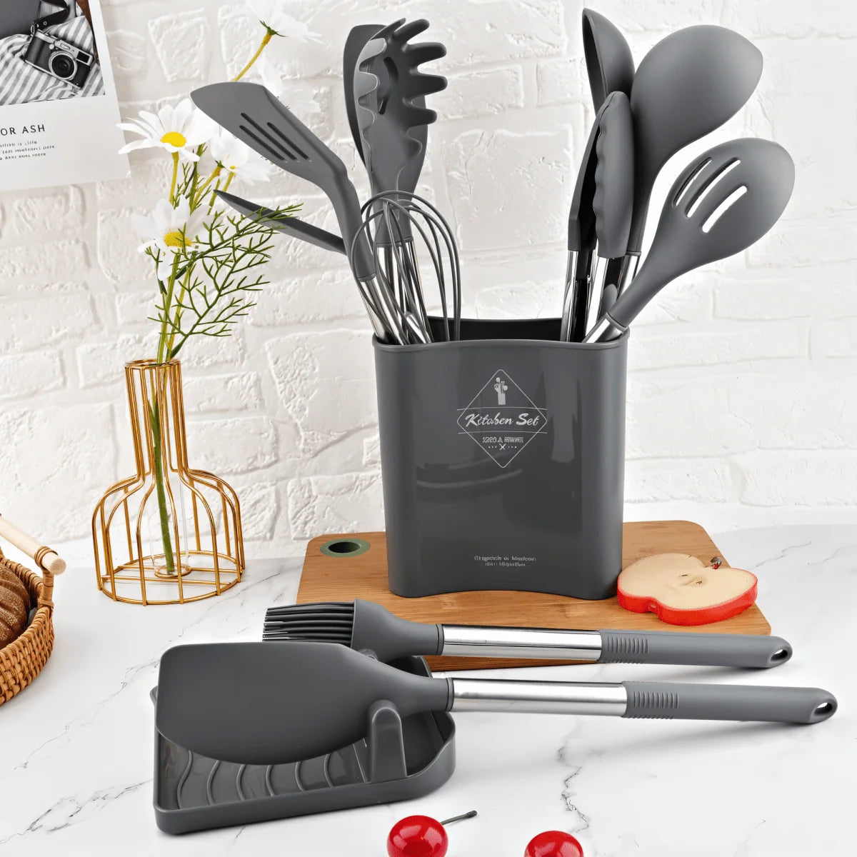 Kitchen Utensil Set Silicone Stainless Steel Handles 12-Piece