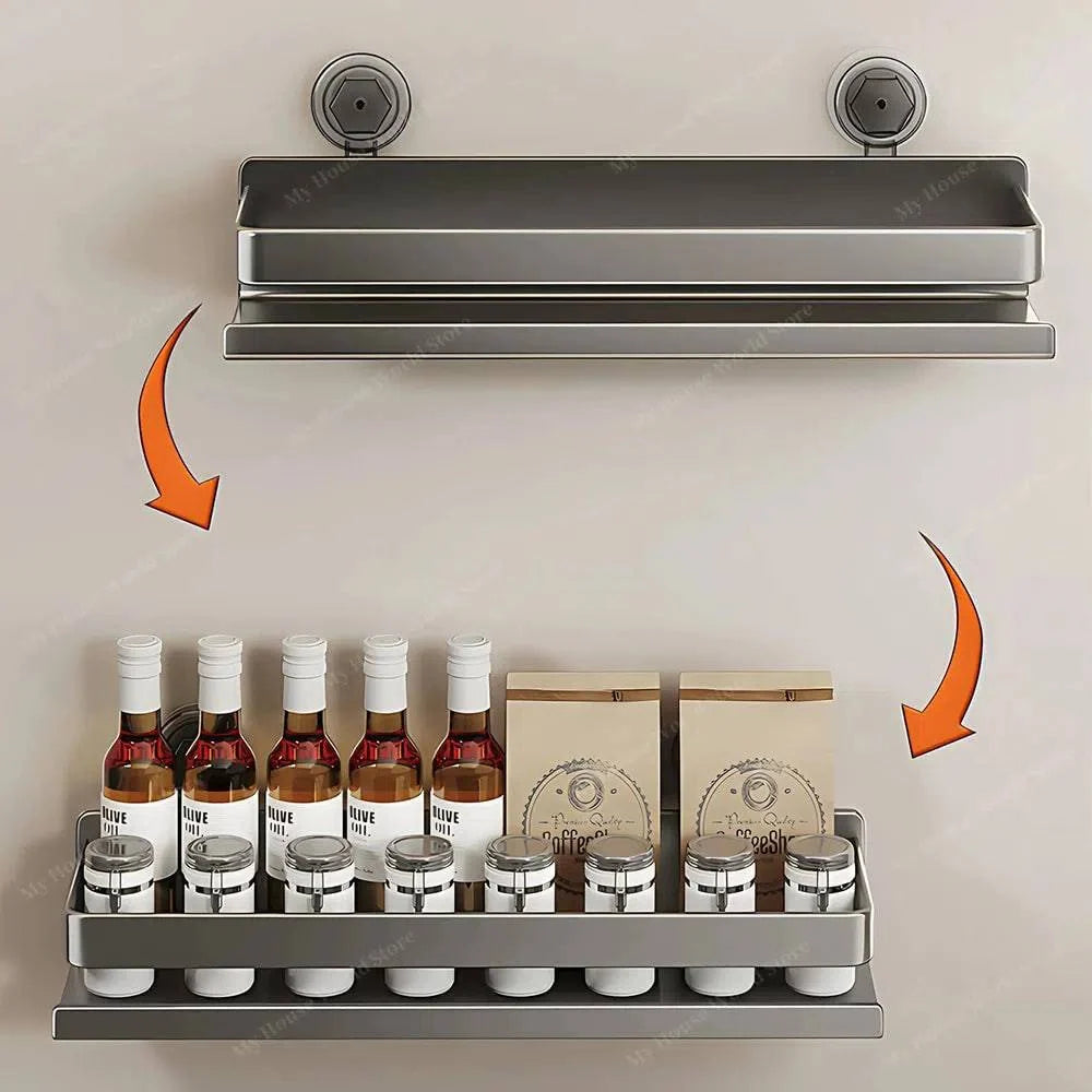 Kitchen Wall Shelf Stainless Steel Suction Cup Mount No-Drill Installation