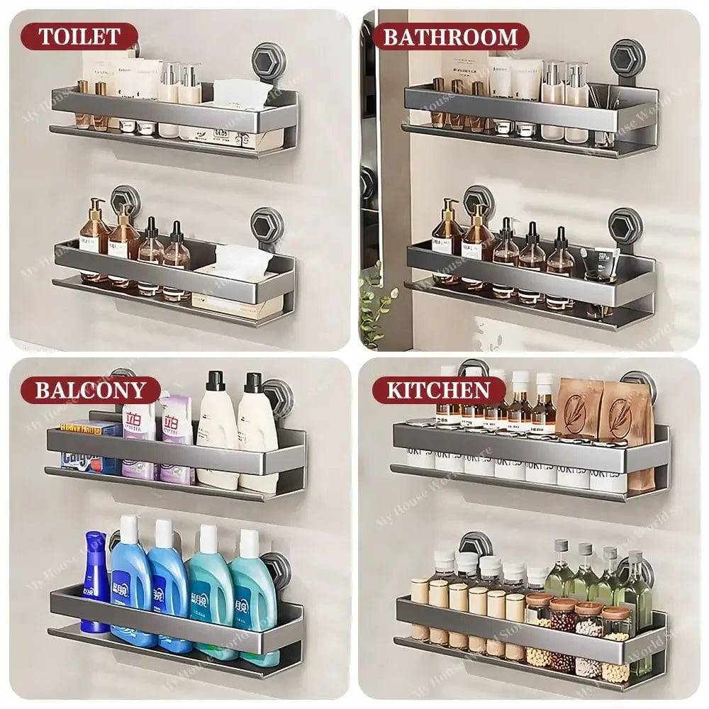Kitchen Wall Shelf Stainless Steel Suction Cup Mount No-Drill Installation
