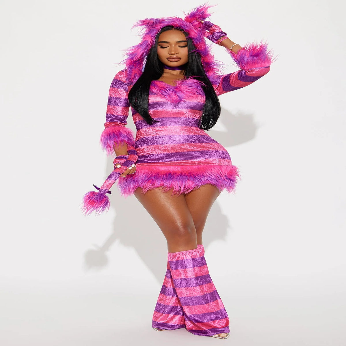 Kitty Costume Set Pink Hooded Fur Dress With Tail