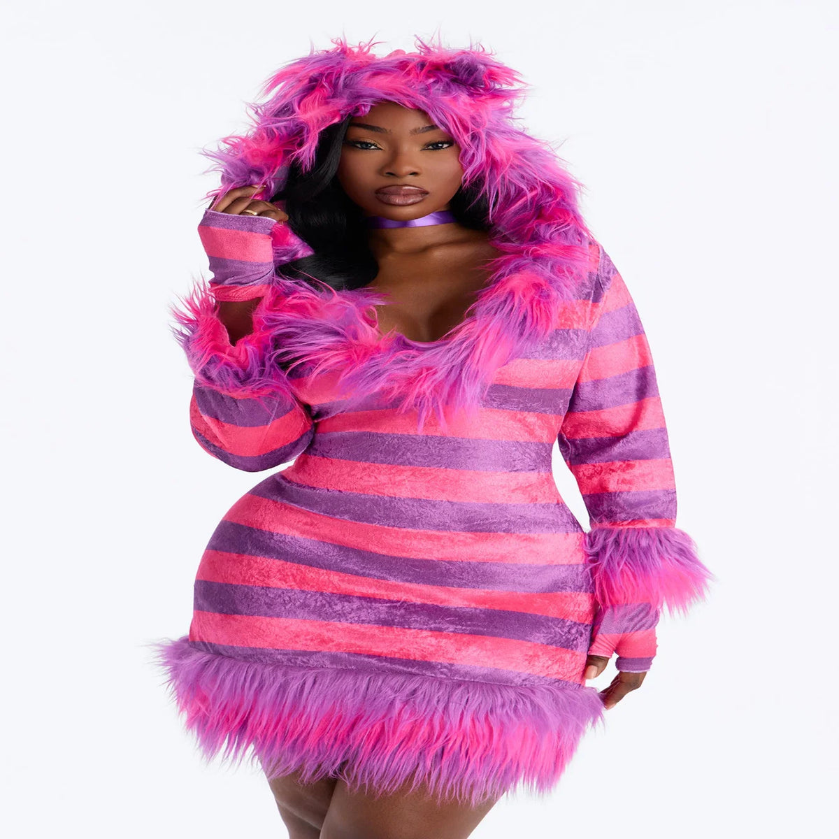 Kitty Costume Set Pink Hooded Fur Dress With Tail