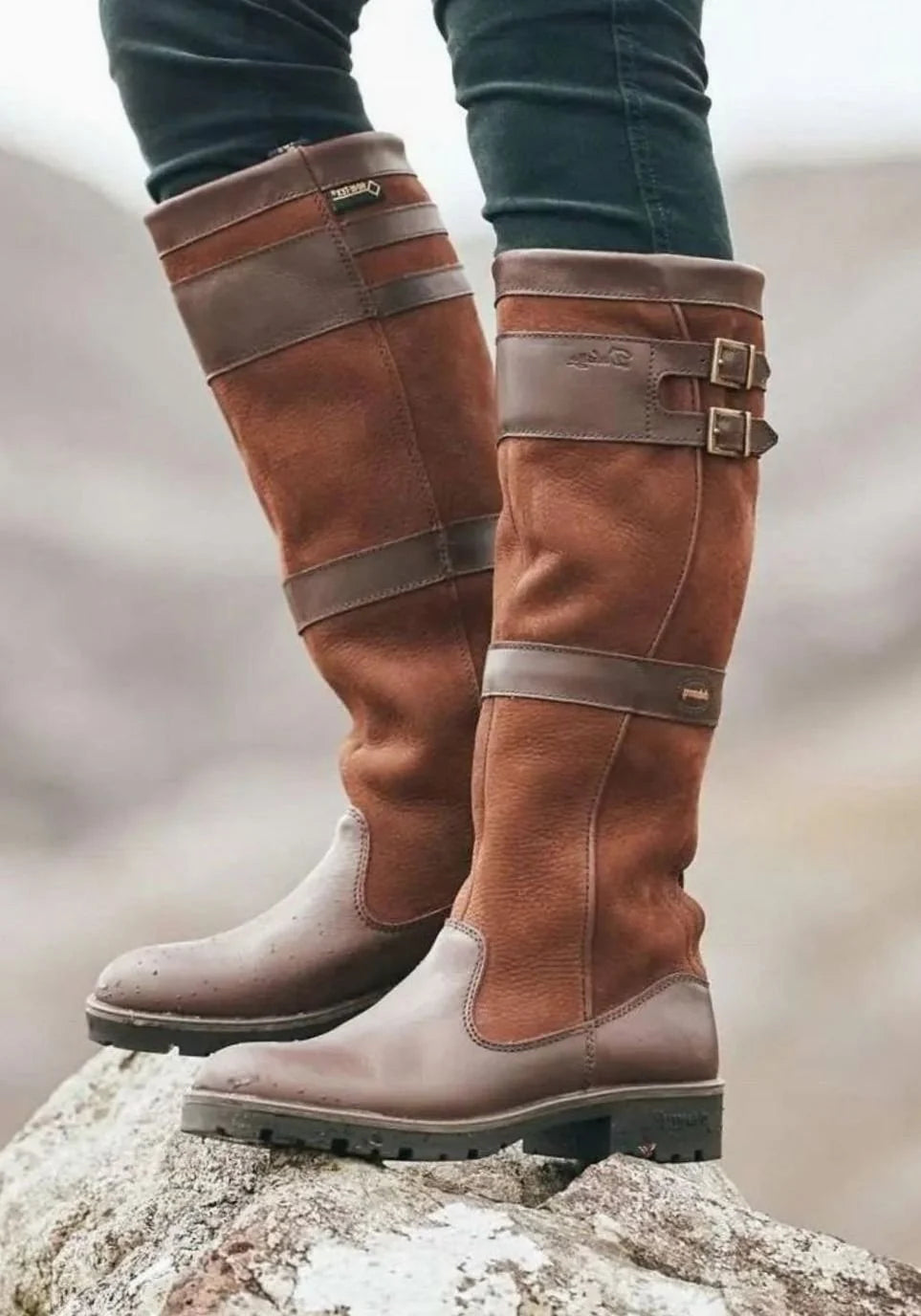 Knee-High Boots Waterproof Pull-On Adjustable Double-Buckle Straps