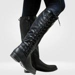 Knee-High Combat Boots Leather Lace-Up & Side Zipper Low Block Heel