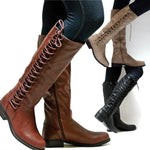 Knee-High Combat Boots Leather Lace-Up & Side Zipper Low Block Heel