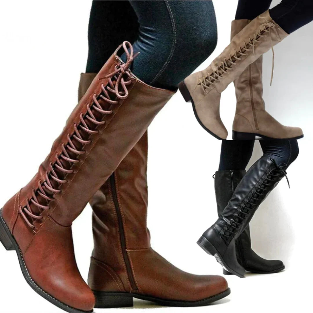 Knee-High Combat Boots Leather Lace-Up & Side Zipper Low Block Heel