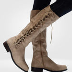 Knee-High Combat Boots Leather Lace-Up & Side Zipper Low Block Heel