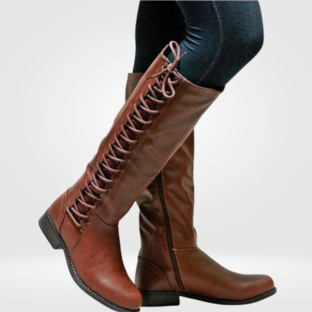 Knee-High Combat Boots Leather Lace-Up & Side Zipper Low Block Heel
