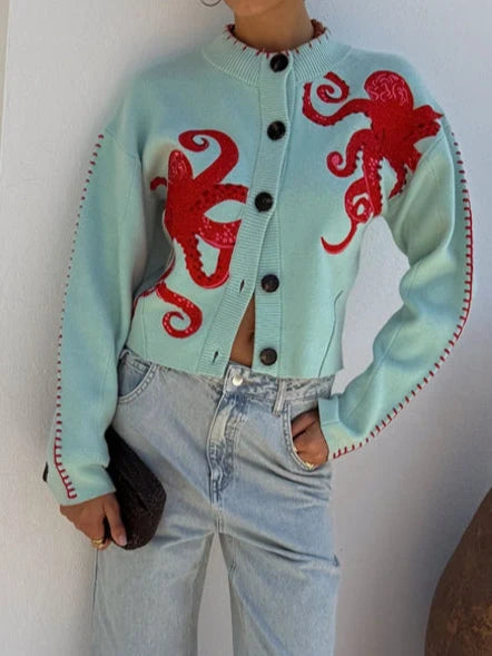Knit Cardigan Bold Octopus Pattern Button-Front񎟃
