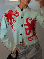 Knit Cardigan Bold Octopus Pattern Button-Front񎟃