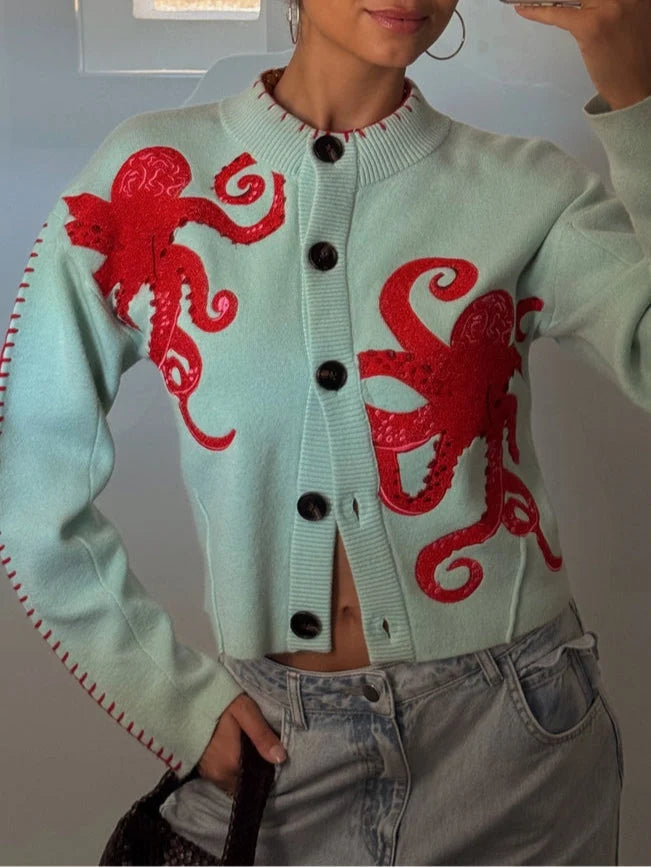 Knit Cardigan Bold Octopus Pattern Button-Front񎟃