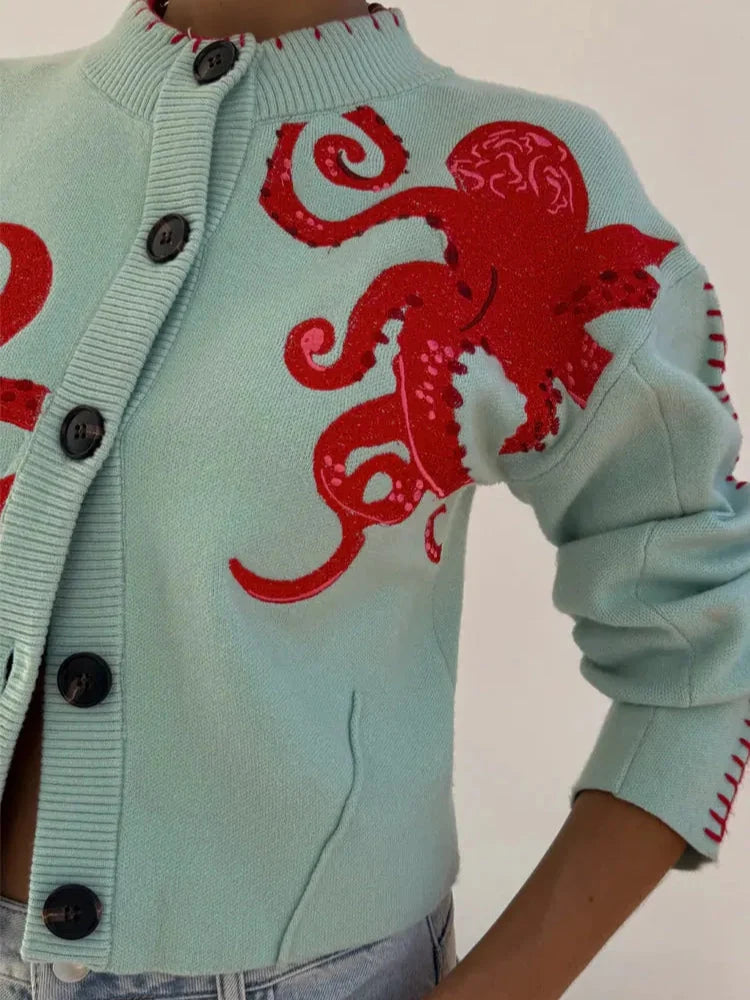 Knit Cardigan Bold Octopus Pattern Button-Front񎟃