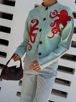 Knit Cardigan Bold Octopus Pattern Button-Front񎟃