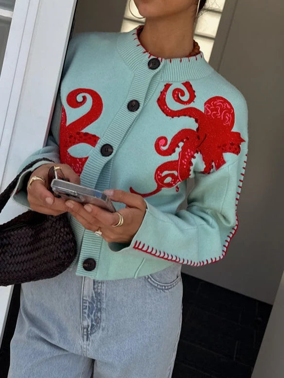 Knit Cardigan Bold Octopus Pattern Button-Front񎟃