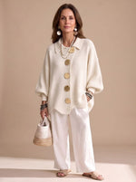 Knit Cardigan Oversized Fit Gold-Tone Buttons Lantern Sleeves