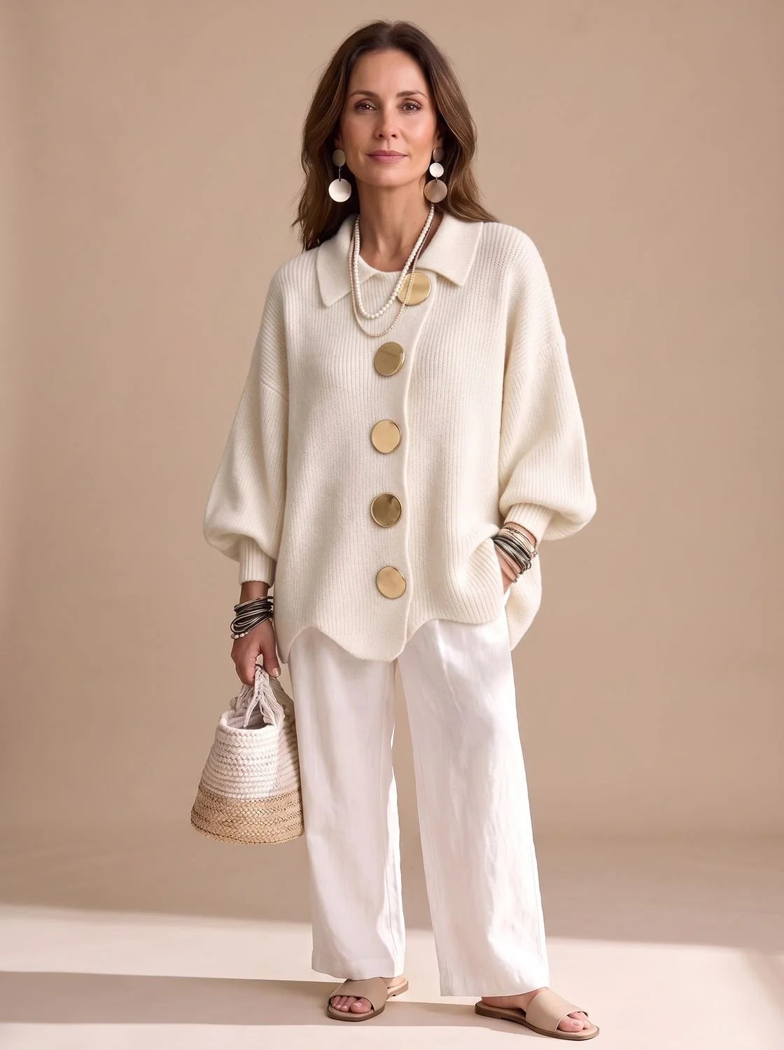 Knit Cardigan Oversized Fit Gold-Tone Buttons Lantern Sleeves