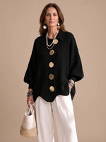 Knit Cardigan Oversized Fit Gold-Tone Buttons Lantern Sleeves