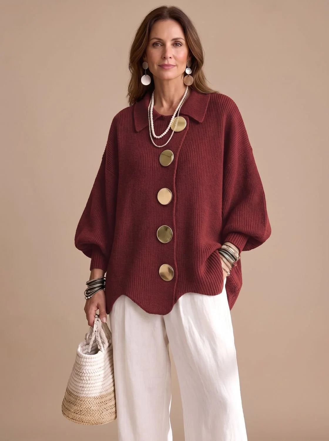Knit Cardigan Oversized Fit Gold-Tone Buttons Lantern Sleeves