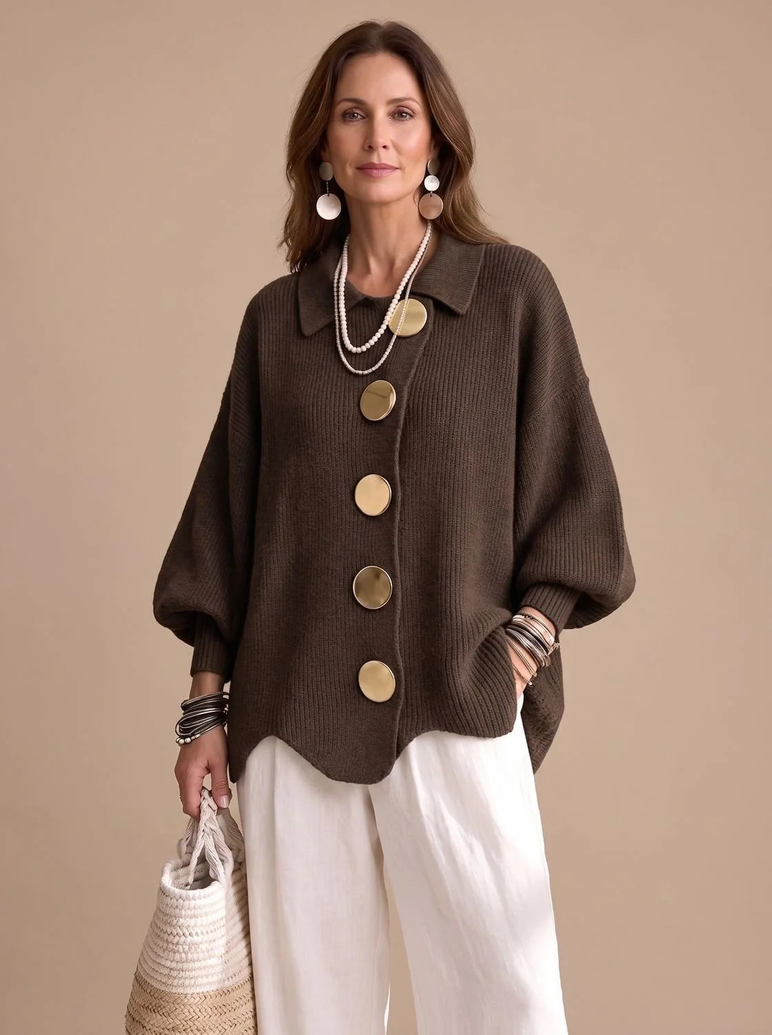 Knit Cardigan Oversized Fit Gold-Tone Buttons Lantern Sleeves