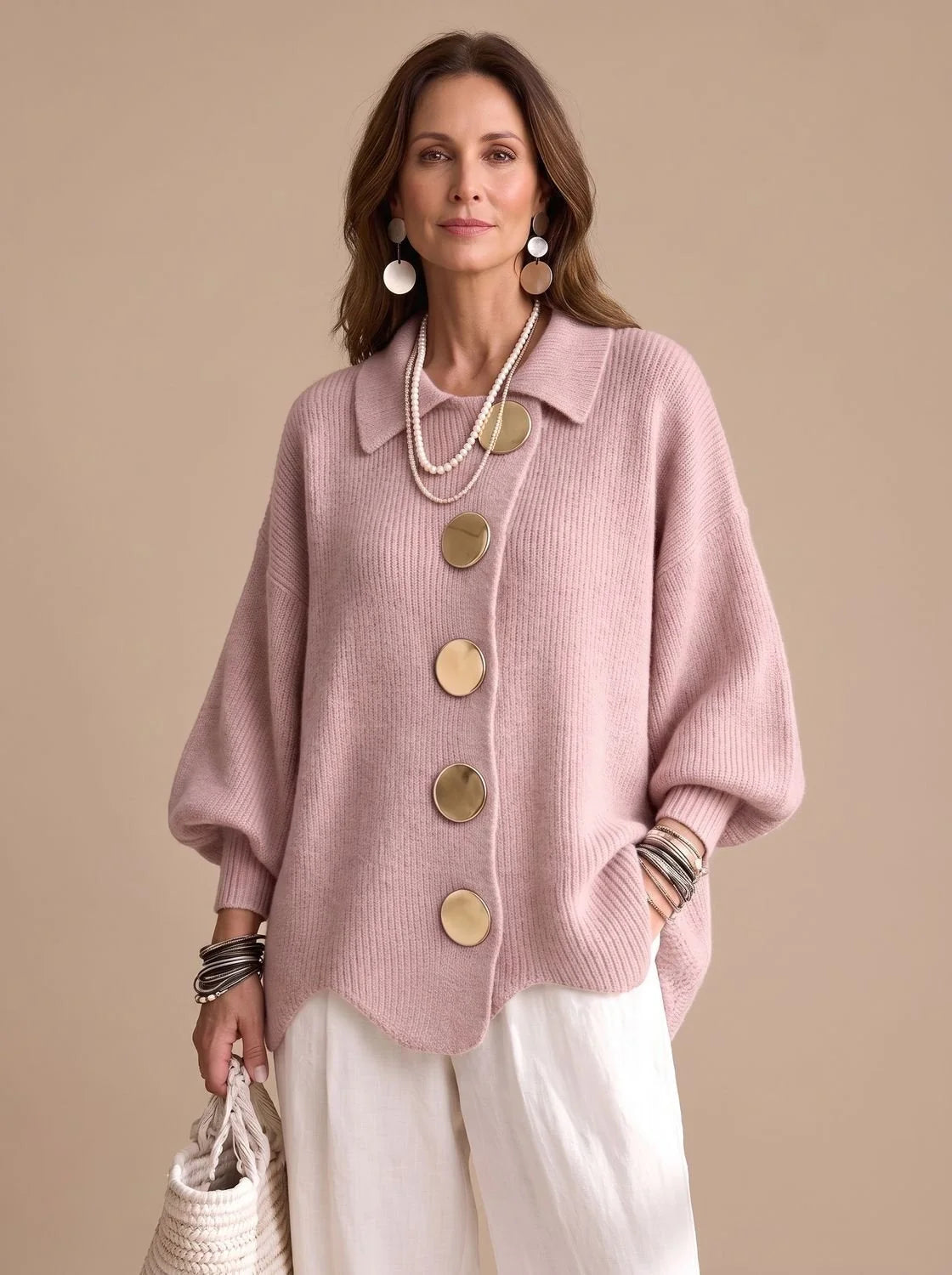 Knit Cardigan Oversized Fit Gold-Tone Buttons Lantern Sleeves