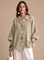 Knit Cardigan Oversized Fit Gold-Tone Buttons Lantern Sleeves