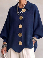 Knit Cardigan Oversized Fit Lantern Sleeves Gold-Tone Buttons