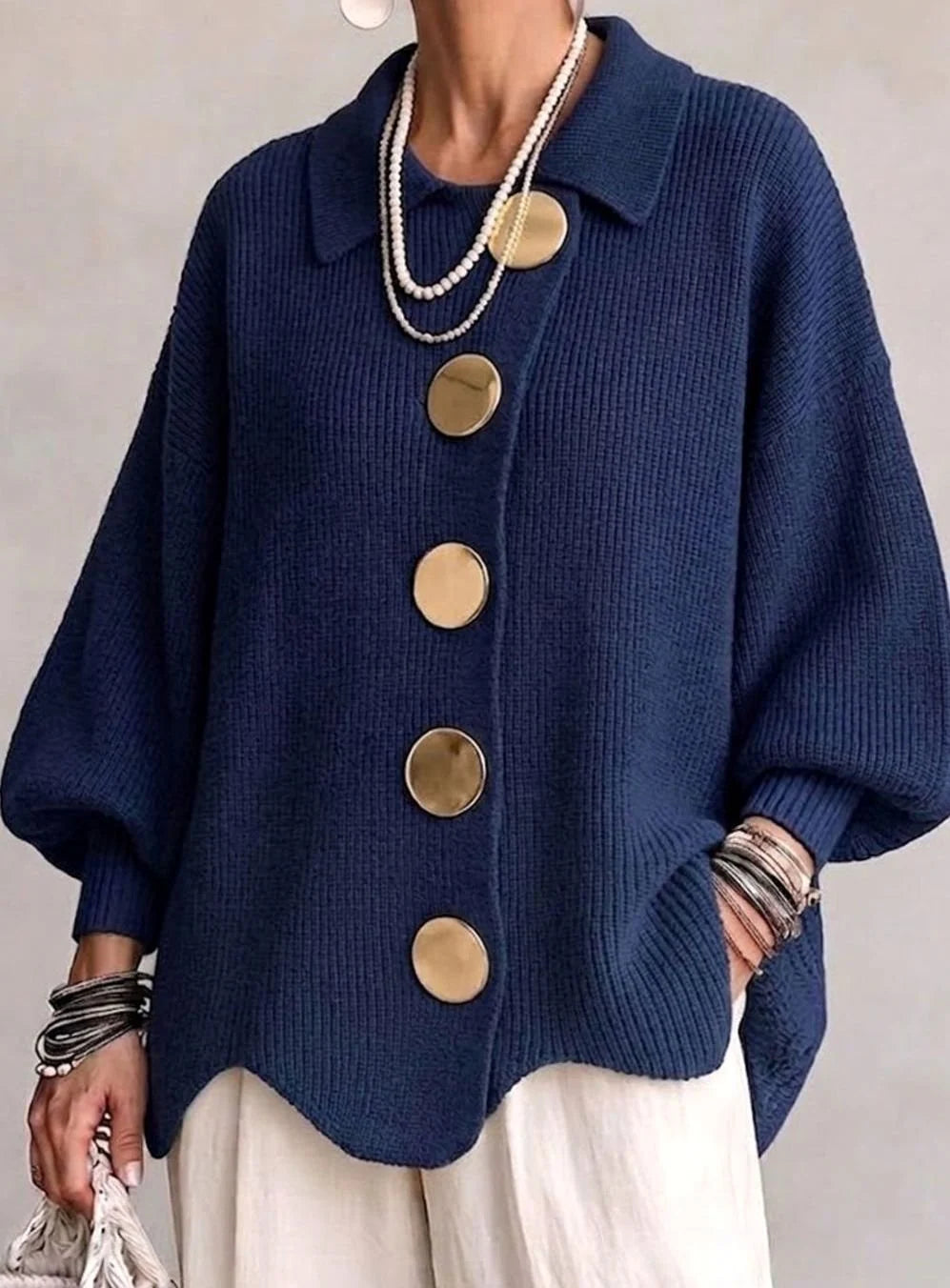 Knit Cardigan Oversized Fit Lantern Sleeves Gold-Tone Buttons