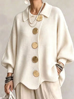 Knit Cardigan Oversized Fit Lantern Sleeves Gold-Tone Buttons