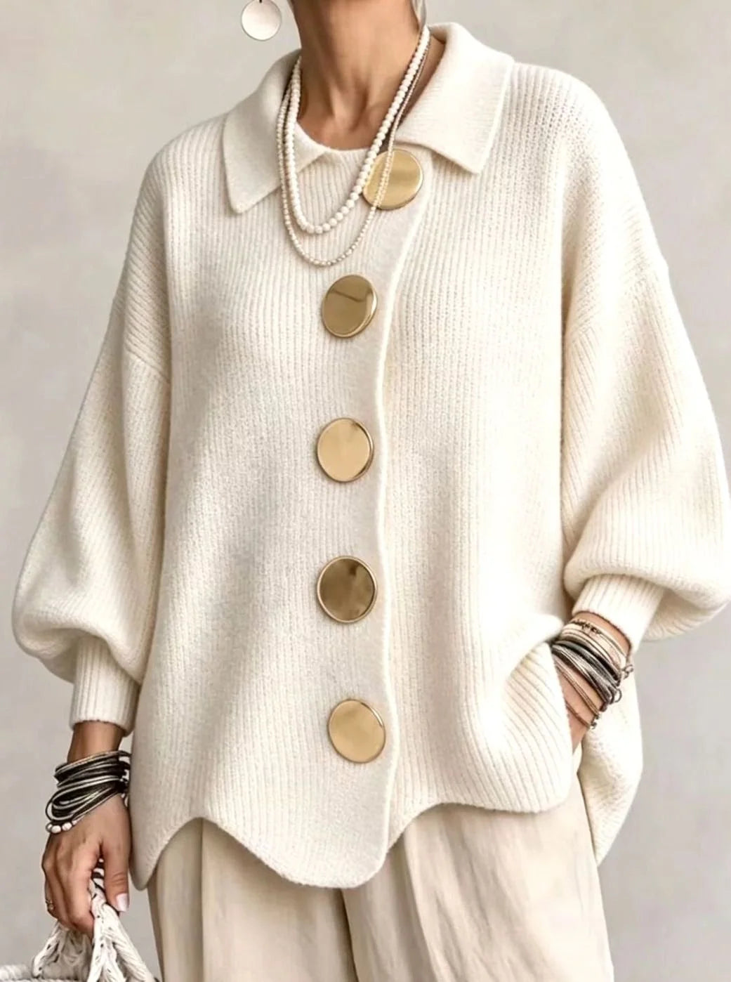 Knit Cardigan Oversized Fit Lantern Sleeves Gold-Tone Buttons