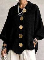 Knit Cardigan Oversized Fit Lantern Sleeves Gold-Tone Buttons