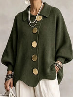 Knit Cardigan Oversized Fit Lantern Sleeves Gold-Tone Buttons