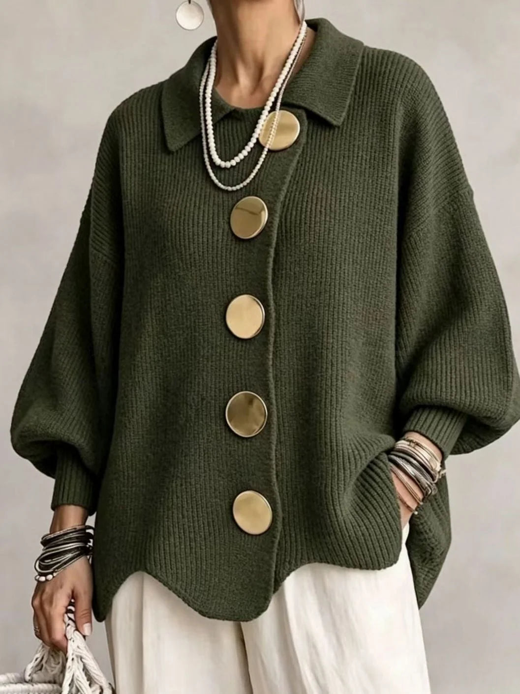 Knit Cardigan Oversized Fit Lantern Sleeves Gold-Tone Buttons
