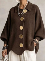 Knit Cardigan Oversized Fit Lantern Sleeves Gold-Tone Buttons