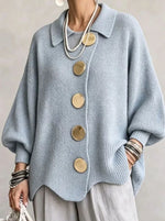 Knit Cardigan Oversized Fit Lantern Sleeves Gold-Tone Buttons