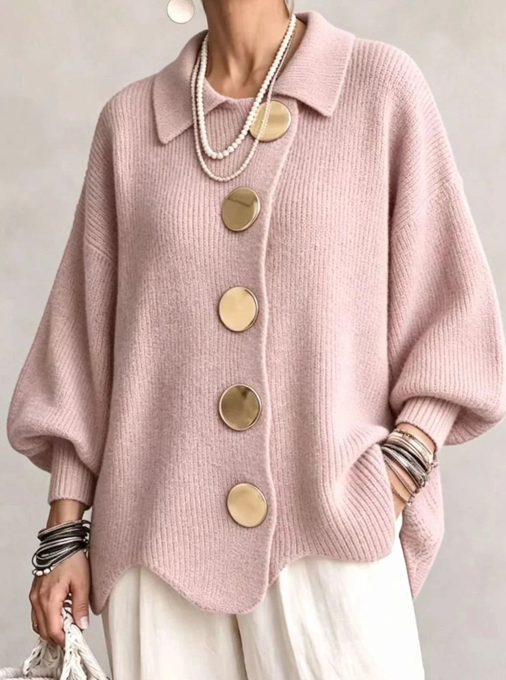 Knit Cardigan Oversized Fit Lantern Sleeves Gold-Tone Buttons