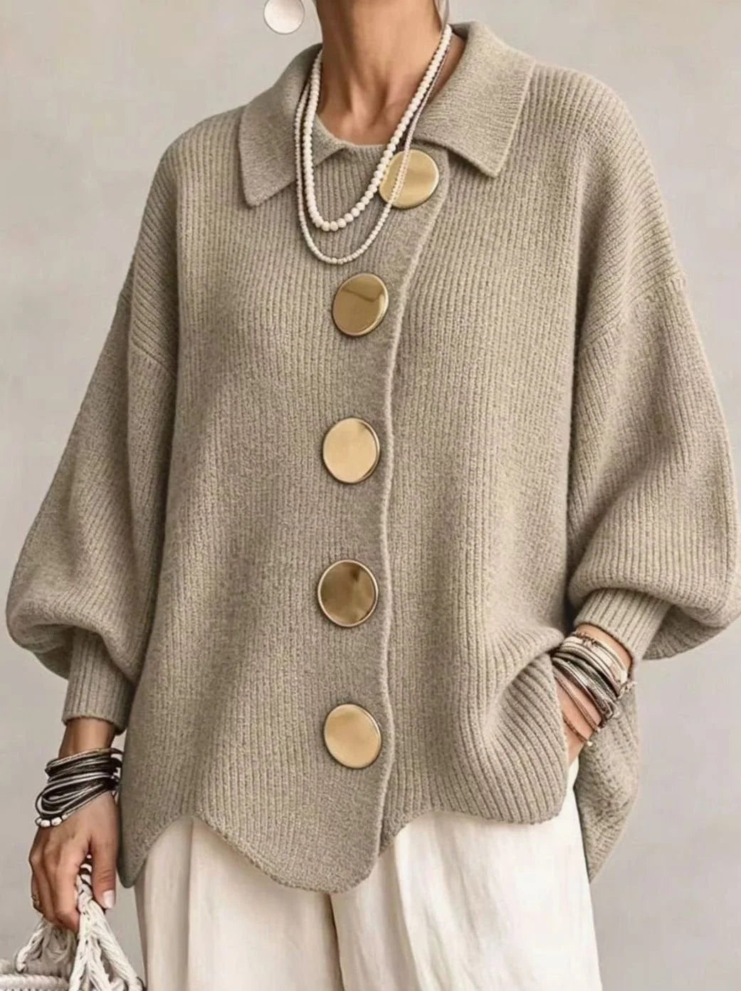 Knit Cardigan Oversized Fit Lantern Sleeves Gold-Tone Buttons