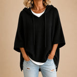 Knitted Poncho Drawstring Hood Three-Quarter Sleeves Relaxed Fit