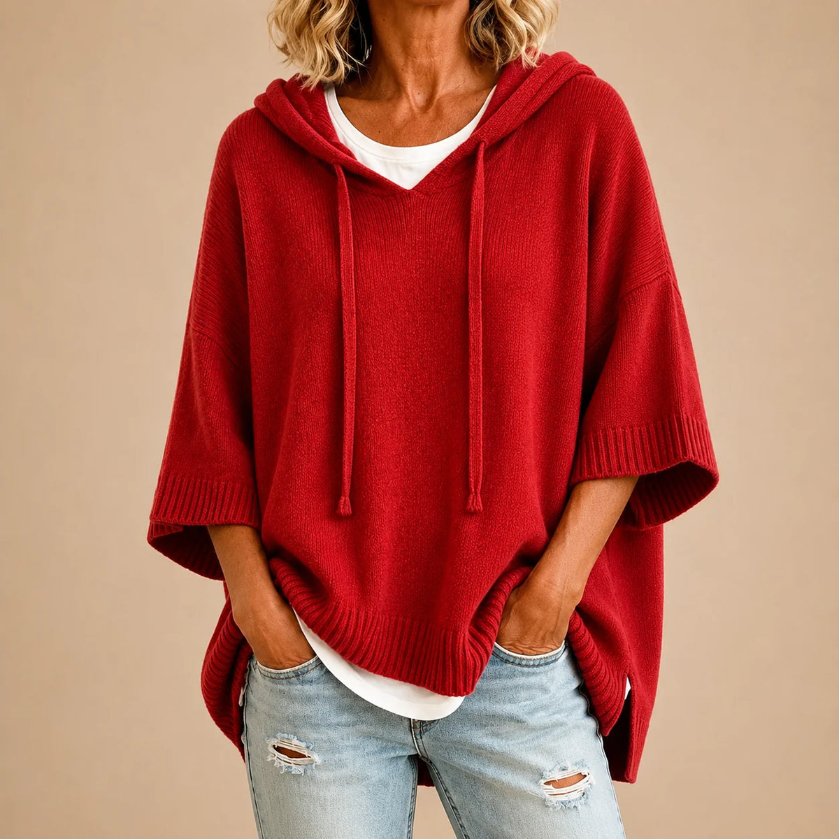 Knitted Poncho Drawstring Hood Three-Quarter Sleeves Relaxed Fit