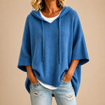 Knitted Poncho Drawstring Hood Three-Quarter Sleeves Relaxed Fit